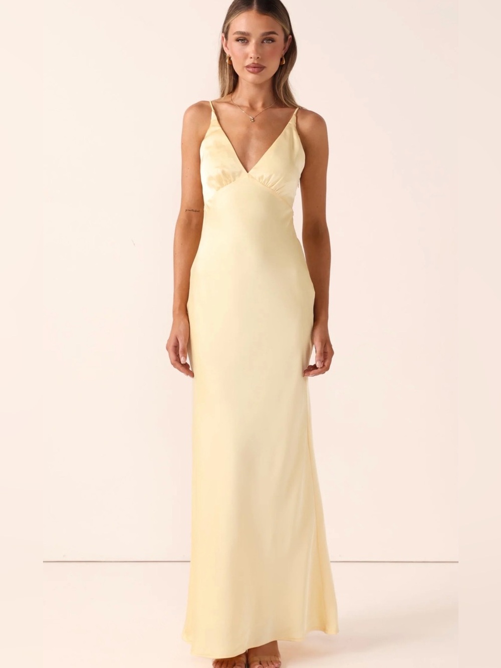 Sleek V-Neck Satin Maxi Dress in Pale Yellow